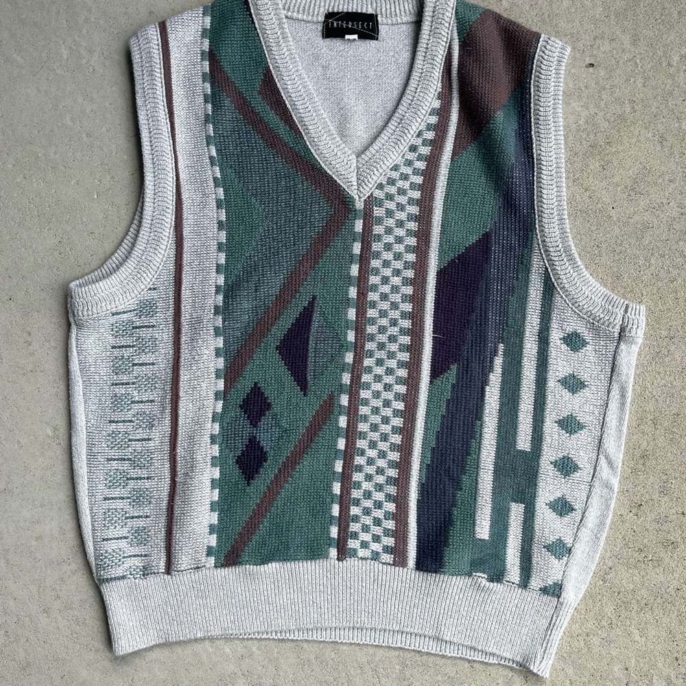 Men's V-Neck Sweater Vest - Green and Gray by